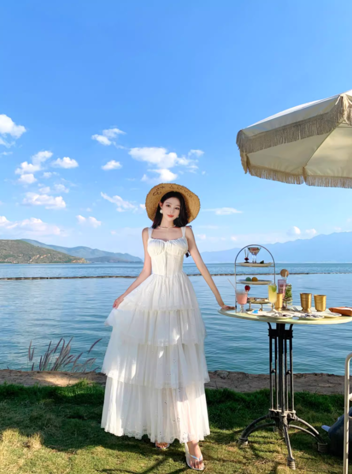 Ethereal White Spaghetti Strap A-Line Maxi Dress Elegant Tiered Cutout Hem Vacation Outfit Long Dress AP3323