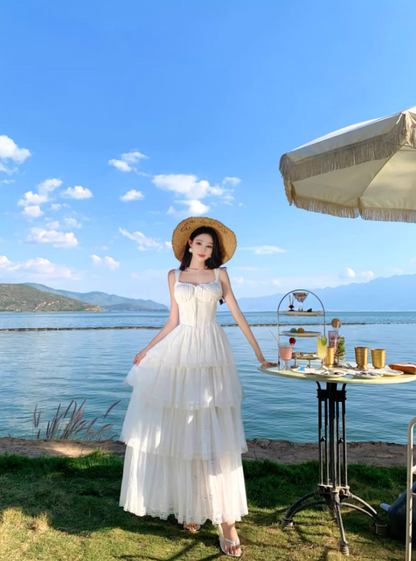 Ethereal White Spaghetti Strap A-Line Maxi Dress Elegant Tiered Cutout Hem Vacation Outfit Long Dress AP3323
