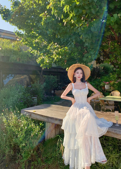 Ethereal White Spaghetti Strap A-Line Maxi Dress Elegant Tiered Cutout Hem Vacation Outfit Long Dress AP3323