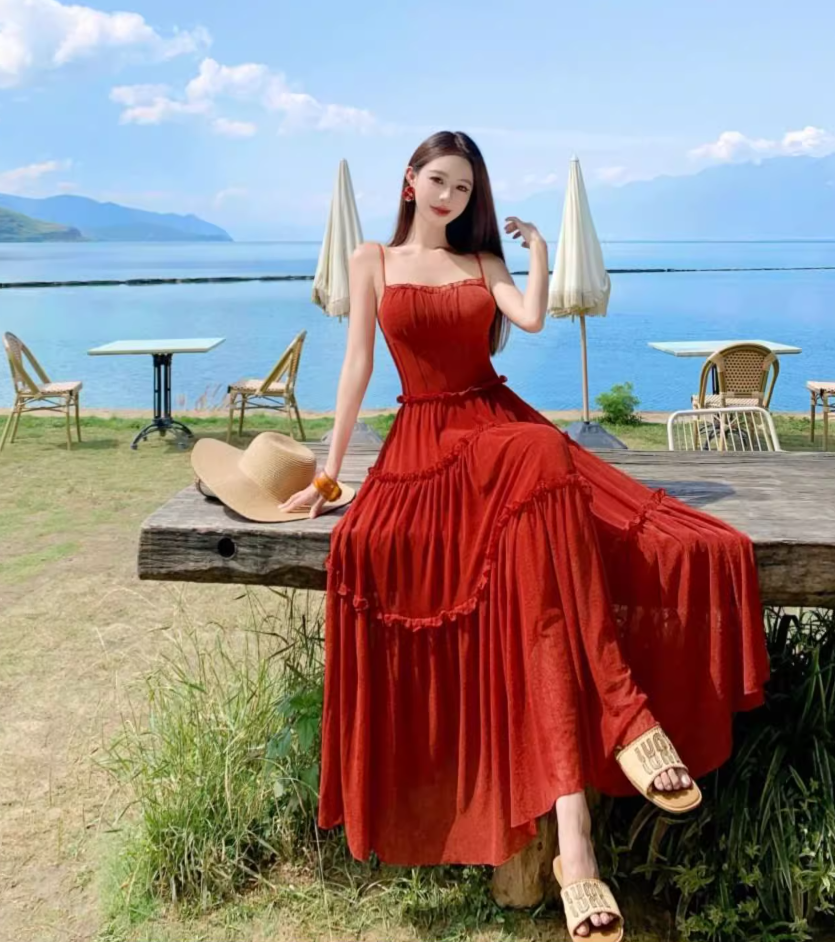 Vibrant Spaghetti Strap A-Line Red Maxi Dress Hot Girls Everyday Wear Flowy Ruffles Long Dress AP3324