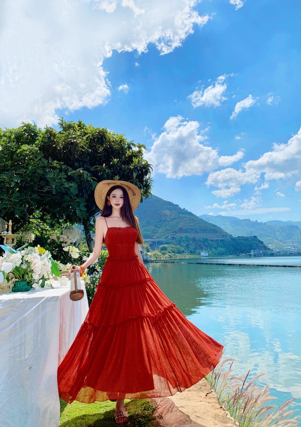 Vibrant Spaghetti Strap A-Line Red Maxi Dress Hot Girls Everyday Wear Flowy Ruffles Long Dress AP3324