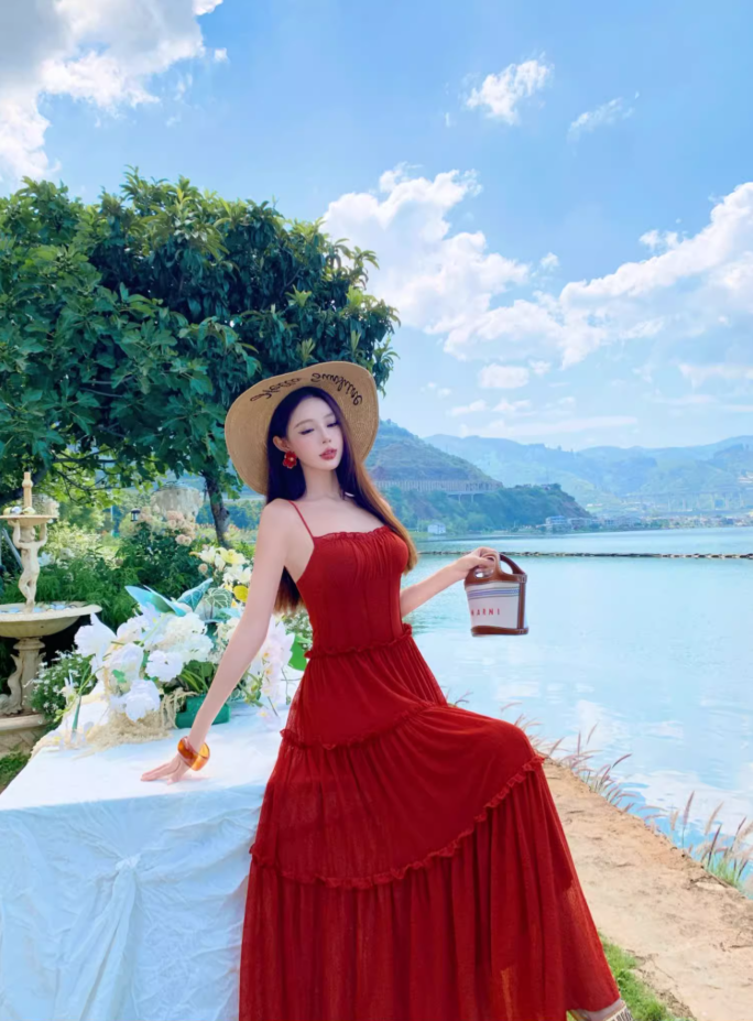 Vibrant Spaghetti Strap A-Line Red Maxi Dress Hot Girls Everyday Wear Flowy Ruffles Long Dress AP3324