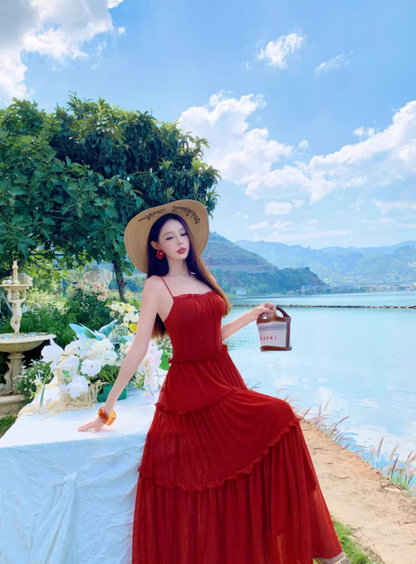 Vibrant Spaghetti Strap A-Line Red Maxi Dress Hot Girls Everyday Wear Flowy Ruffles Long Dress AP3324
