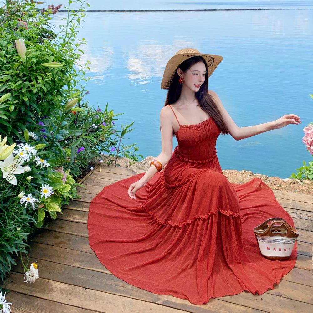 Vibrant Spaghetti Strap A-Line Red Maxi Dress Hot Girls Everyday Wear Flowy Ruffles Long Dress AP3324