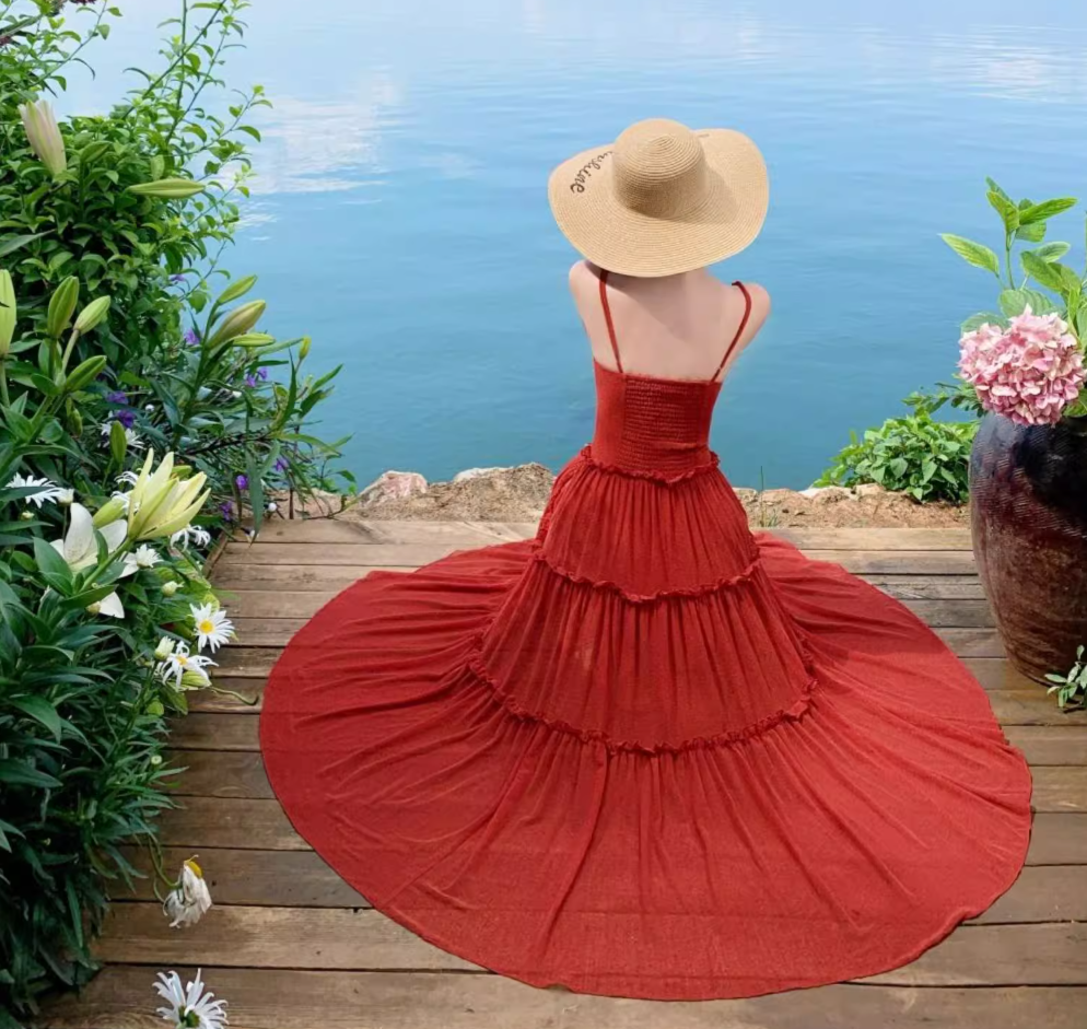 Vibrant Spaghetti Strap A-Line Red Maxi Dress Hot Girls Everyday Wear Flowy Ruffles Long Dress AP3324