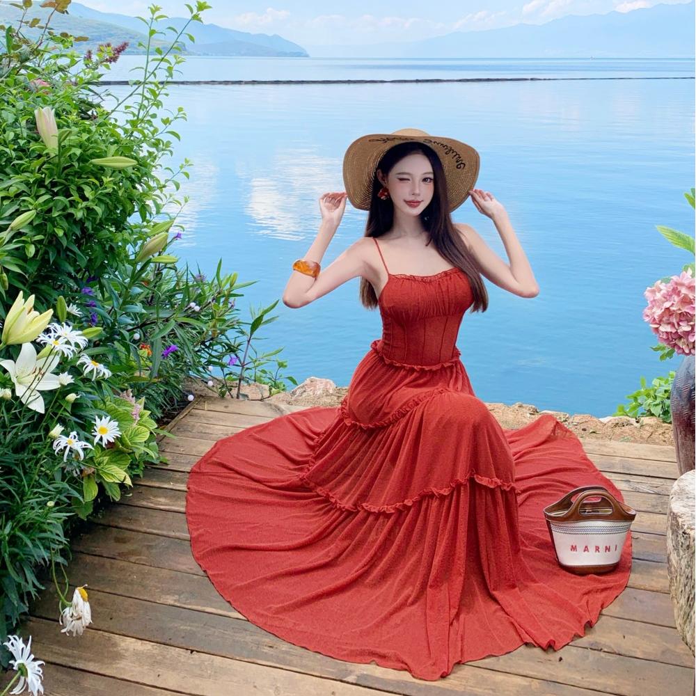 Vibrant Spaghetti Strap A-Line Red Maxi Dress Hot Girls Everyday Wear Flowy Ruffles Long Dress AP3324