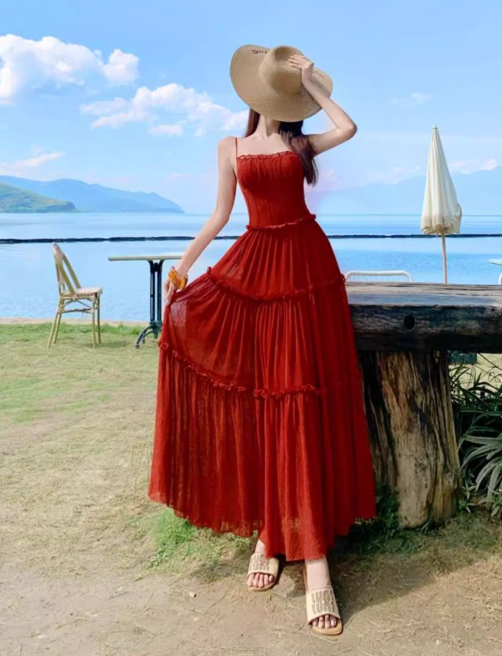Vibrant Spaghetti Strap A-Line Red Maxi Dress Hot Girls Everyday Wear Flowy Ruffles Long Dress AP3324