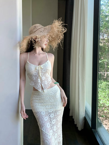 Dreamy Spaghetti Strap 2-Piece Set Mermaid Maxi Dress Charming Lace Tulle Overlay Vacation Outfit Long Dress AP3325