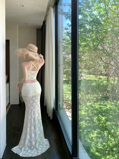 Dreamy Spaghetti Strap 2-Piece Set Mermaid Maxi Dress Charming Lace Tulle Overlay Vacation Outfit Long Dress AP3325