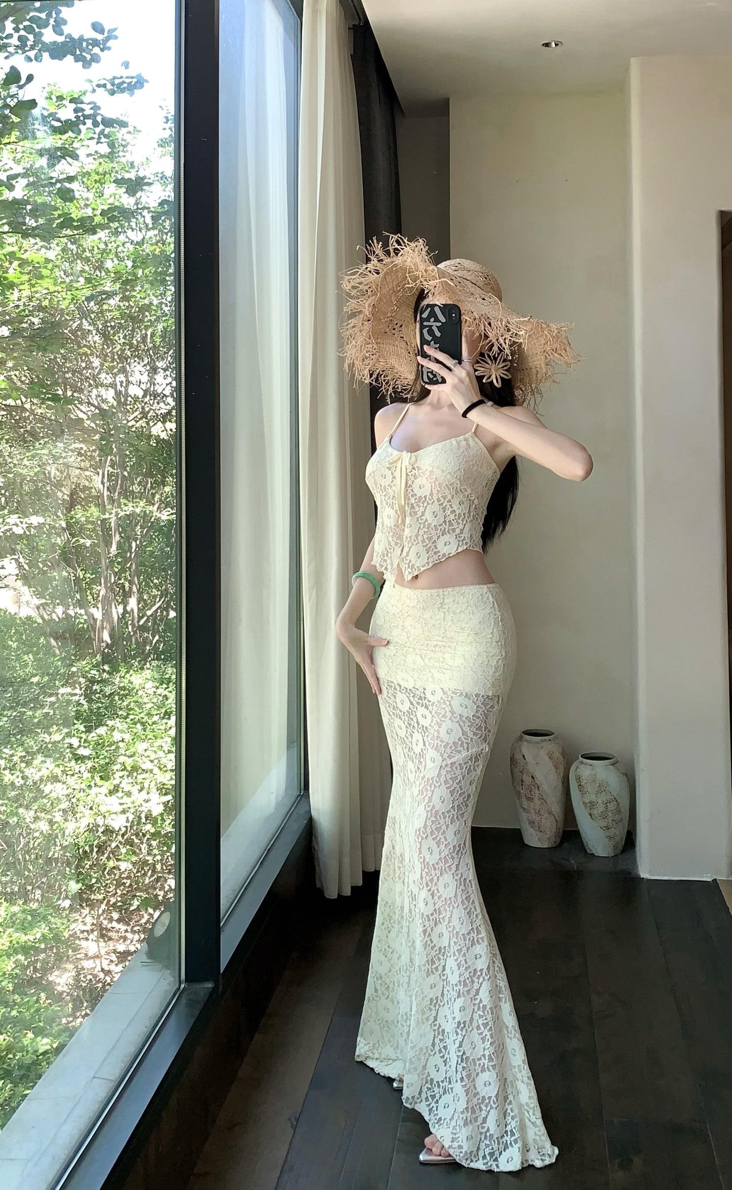 Dreamy Spaghetti Strap 2-Piece Set Mermaid Maxi Dress Charming Lace Tulle Overlay Vacation Outfit Long Dress AP3325