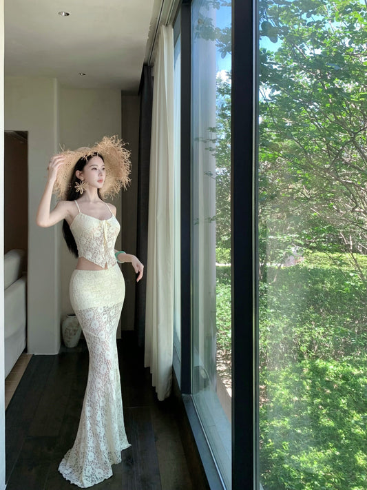 Dreamy Spaghetti Strap 2-Piece Set Mermaid Maxi Dress Charming Lace Tulle Overlay Vacation Outfit Long Dress AP3325