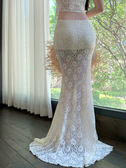 Dreamy Spaghetti Strap 2-Piece Set Mermaid Maxi Dress Charming Lace Tulle Overlay Vacation Outfit Long Dress AP3325