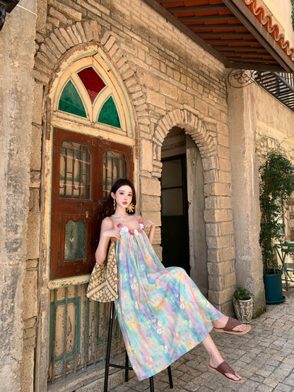 Dopamine-Inspired Spaghetti Strap A-Line Maxi Dress Graceful 3D Floral Loose Fit Tie-Dye Printed Long Dress AP3326
