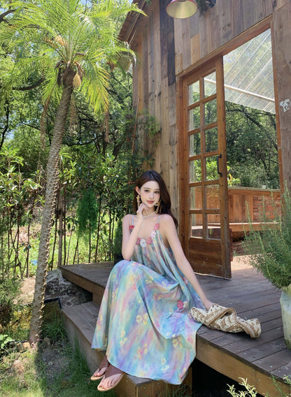 Dopamine-Inspired Spaghetti Strap A-Line Maxi Dress Graceful 3D Floral Loose Fit Tie-Dye Printed Long Dress AP3326