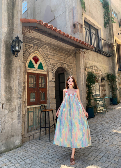 Dopamine-Inspired Spaghetti Strap A-Line Maxi Dress Graceful 3D Floral Loose Fit Tie-Dye Printed Long Dress AP3326