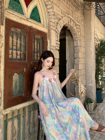 Dopamine-Inspired Spaghetti Strap A-Line Maxi Dress Graceful 3D Floral Loose Fit Tie-Dye Printed Long Dress AP3326