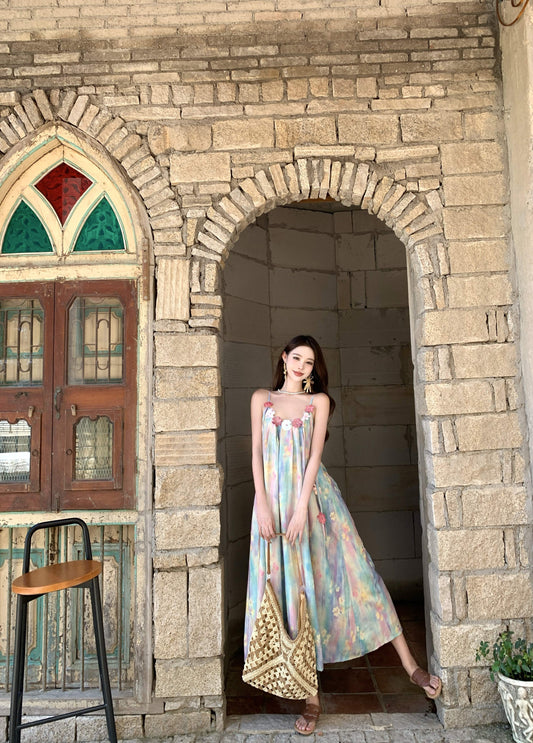 Dopamine-Inspired Spaghetti Strap A-Line Maxi Dress Graceful 3D Floral Loose Fit Tie-Dye Printed Long Dress AP3326