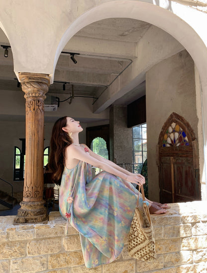 Dopamine-Inspired Spaghetti Strap A-Line Maxi Dress Graceful 3D Floral Loose Fit Tie-Dye Printed Long Dress AP3326