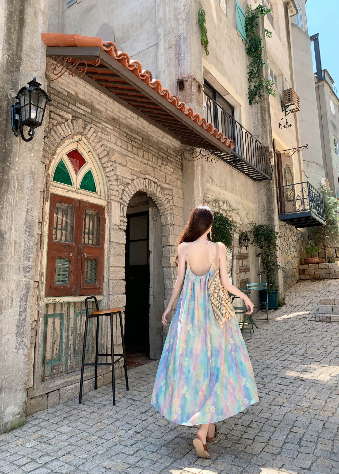 Dopamine-Inspired Spaghetti Strap A-Line Maxi Dress Graceful 3D Floral Loose Fit Tie-Dye Printed Long Dress AP3326