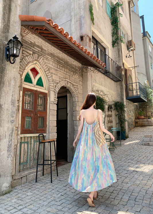 Dopamine-Inspired Spaghetti Strap A-Line Maxi Dress Graceful 3D Floral Loose Fit Tie-Dye Printed Long Dress AP3326