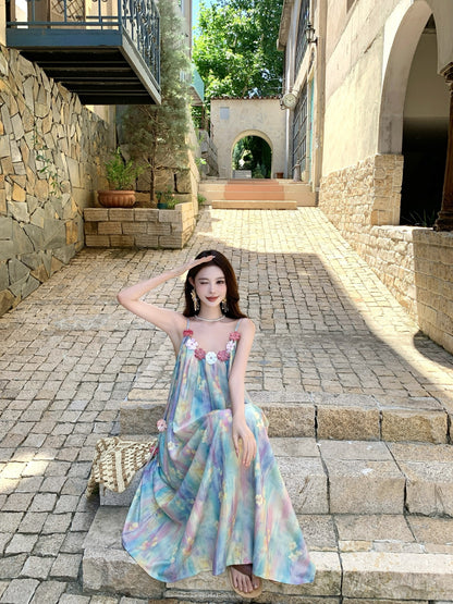 Dopamine-Inspired Spaghetti Strap A-Line Maxi Dress Graceful 3D Floral Loose Fit Tie-Dye Printed Long Dress AP3326
