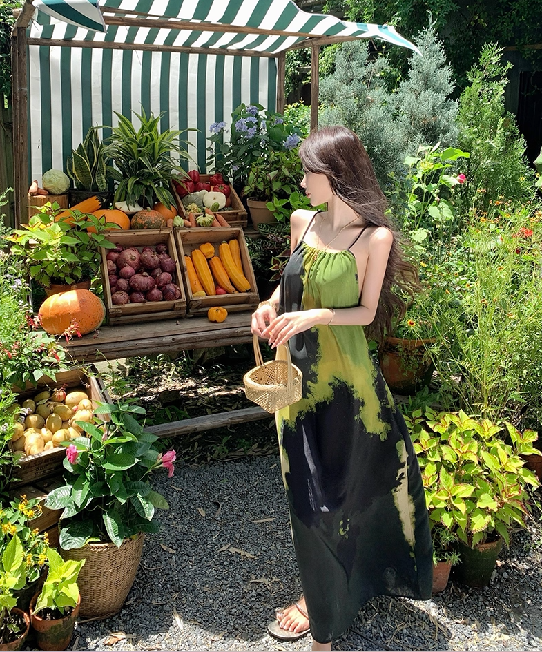 Flowy Spaghetti Strap A-Line Maxi Dress Vibrant Print Oversize Seaside Vocation Long Dress AP3327