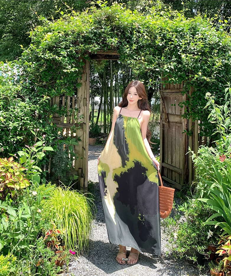 Flowy Spaghetti Strap A-Line Maxi Dress Vibrant Print Oversize Seaside Vocation Long Dress AP3327