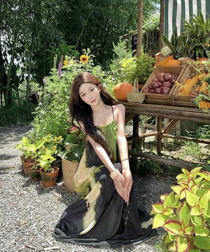 Flowy Spaghetti Strap A-Line Maxi Dress Vibrant Print Oversize Seaside Vocation Long Dress AP3327