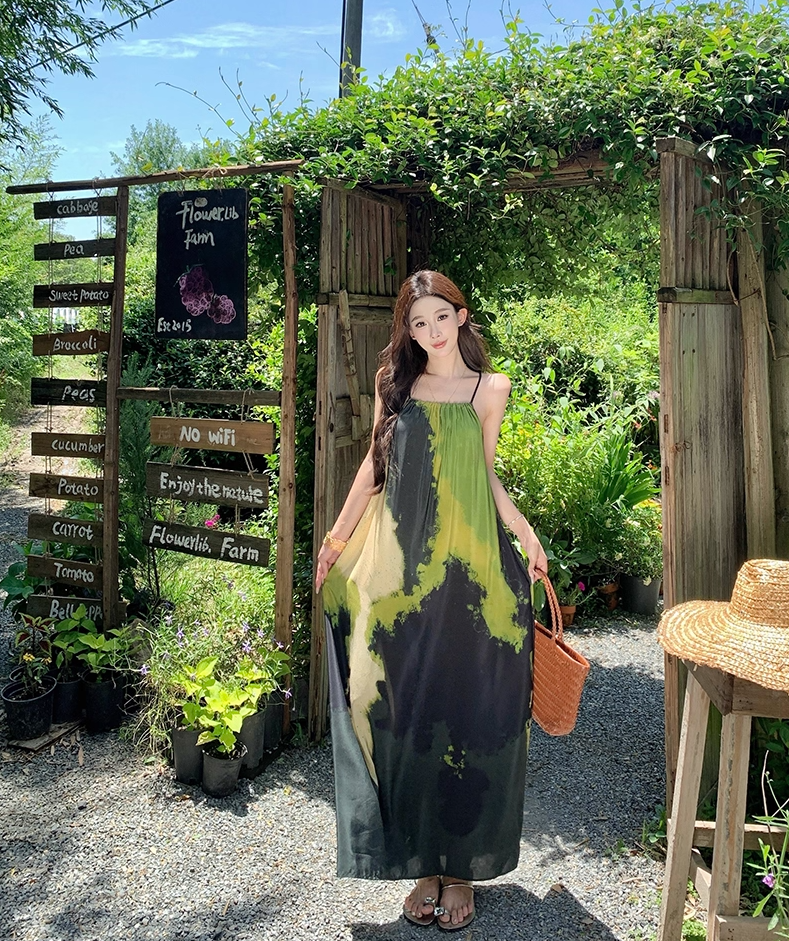 Flowy Spaghetti Strap A-Line Maxi Dress Vibrant Print Oversize Seaside Vocation Long Dress AP3327