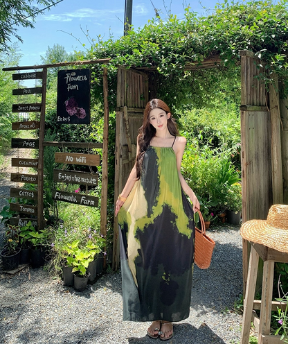Flowy Spaghetti Strap A-Line Maxi Dress Vibrant Print Oversize Seaside Vocation Long Dress AP3327