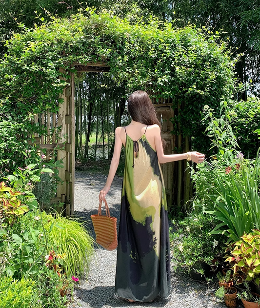 Flowy Spaghetti Strap A-Line Maxi Dress Vibrant Print Oversize Seaside Vocation Long Dress AP3327