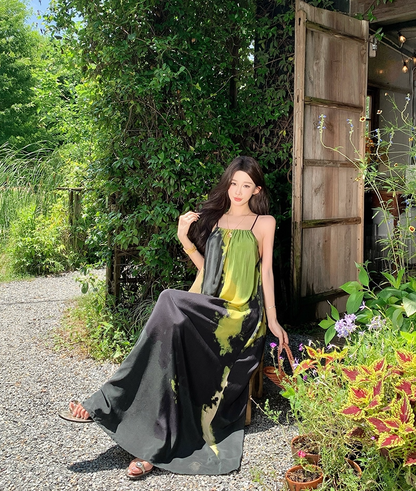 Flowy Spaghetti Strap A-Line Maxi Dress Vibrant Print Oversize Seaside Vocation Long Dress AP3327