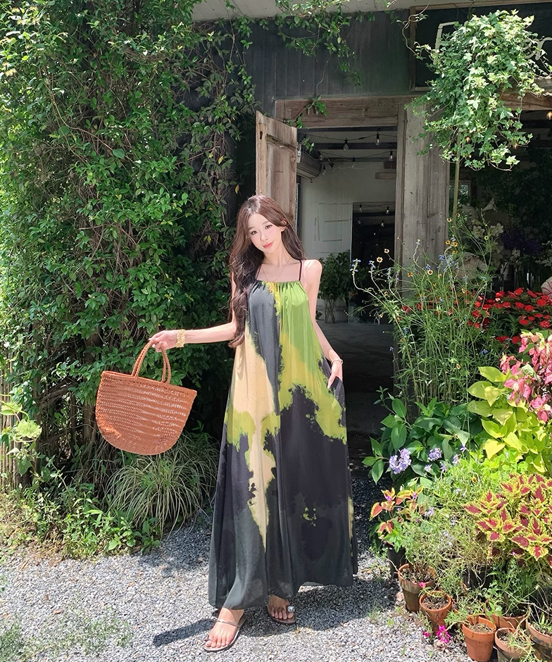 Flowy Spaghetti Strap A-Line Maxi Dress Vibrant Print Oversize Seaside Vocation Long Dress AP3327