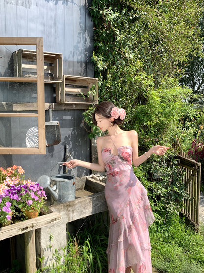 Vogue Halter Neck A-Line Floral Maxi Dress Elegant Asymmetric Hem Adjustable Strap Flowy Long Dress AP3328