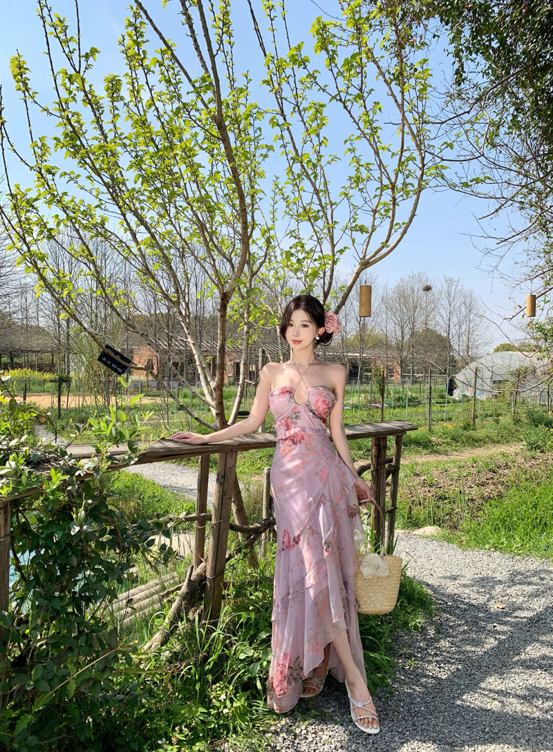 Vogue Halter Neck A-Line Floral Maxi Dress Elegant Asymmetric Hem Adjustable Strap Flowy Long Dress AP3328