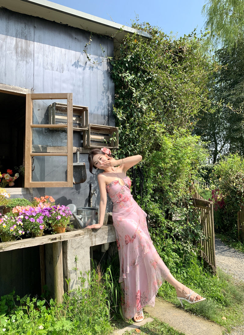 Vogue Halter Neck A-Line Floral Maxi Dress Elegant Asymmetric Hem Adjustable Strap Flowy Long Dress AP3328