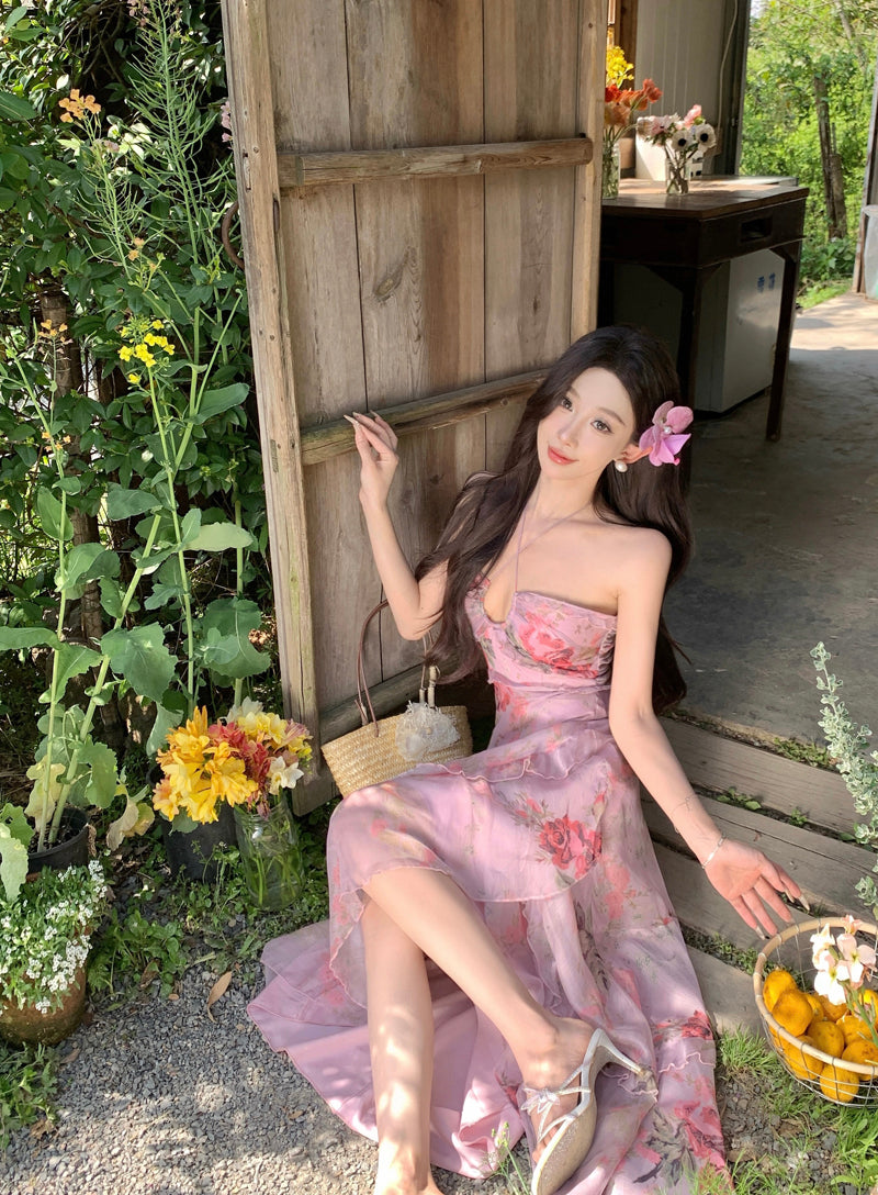 Vogue Halter Neck A-Line Floral Maxi Dress Elegant Asymmetric Hem Adjustable Strap Flowy Long Dress AP3328