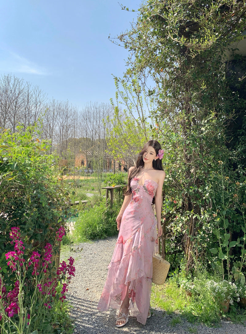 Vogue Halter Neck A-Line Floral Maxi Dress Elegant Asymmetric Hem Adjustable Strap Flowy Long Dress AP3328