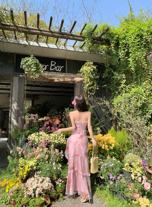 Vogue Halter Neck A-Line Floral Maxi Dress Elegant Asymmetric Hem Adjustable Strap Flowy Long Dress AP3328