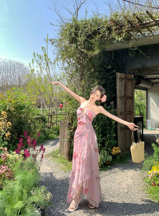 Vogue Halter Neck A-Line Floral Maxi Dress Elegant Asymmetric Hem Adjustable Strap Flowy Long Dress AP3328