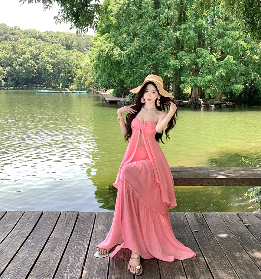 Glam 2-Piece Set A-Line Maxi Dress Novelty Adjustable Strap Flowy Slit Long Dress AP3329