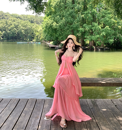 Glam 2-Piece Set A-Line Maxi Dress Novelty Adjustable Strap Flowy Slit Long Dress AP3329