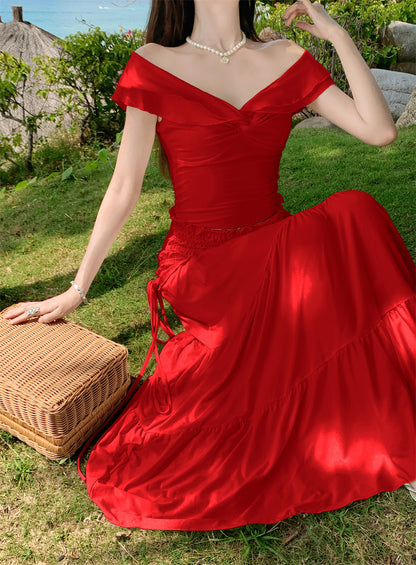 Fabulous 2-Piece Set A-Line Off-Shoulder Maxi Dress Hot Girls Seaside Shoots Red Flowy Long Dress AP3330