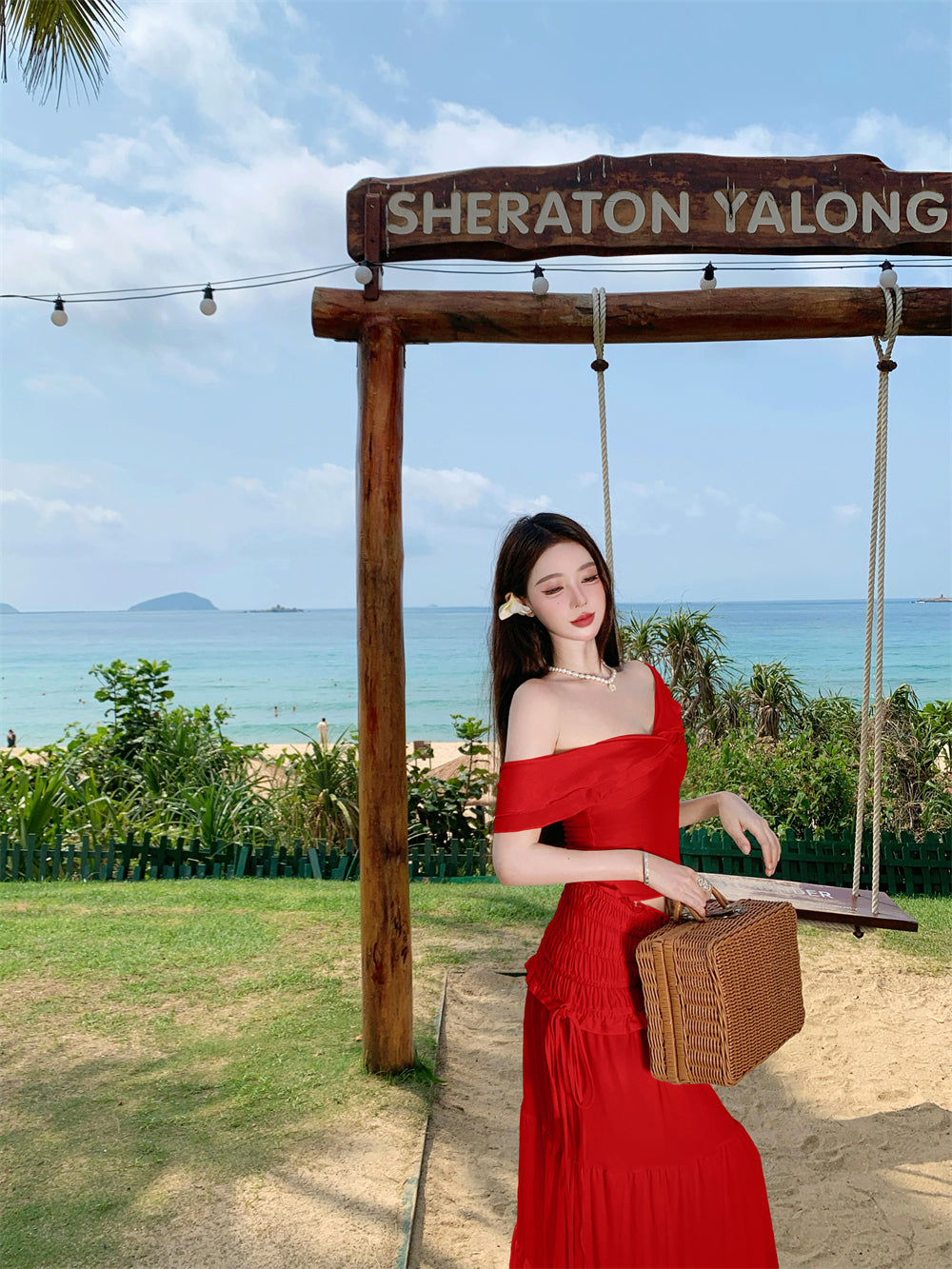 Fabulous 2-Piece Set A-Line Off-Shoulder Maxi Dress Hot Girls Seaside Shoots Red Flowy Long Dress AP3330