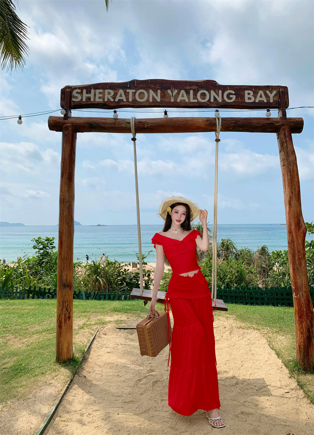 Fabulous 2-Piece Set A-Line Off-Shoulder Maxi Dress Hot Girls Seaside Shoots Red Flowy Long Dress AP3330