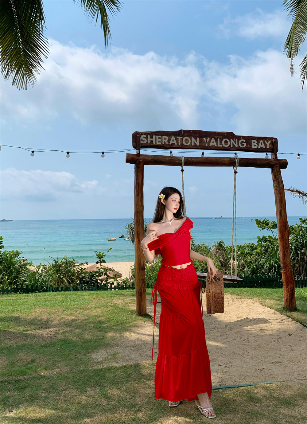 Fabulous 2-Piece Set A-Line Off-Shoulder Maxi Dress Hot Girls Seaside Shoots Red Flowy Long Dress AP3330