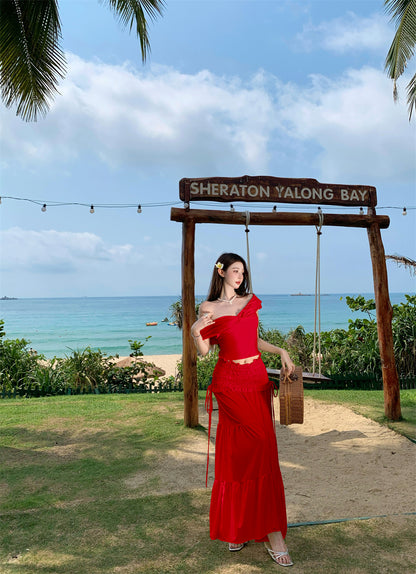 Fabulous 2-Piece Set A-Line Off-Shoulder Maxi Dress Hot Girls Seaside Shoots Red Flowy Long Dress AP3330