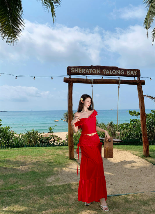 Fabulous 2-Piece Set A-Line Off-Shoulder Maxi Dress Hot Girls Seaside Shoots Red Flowy Long Dress AP3330