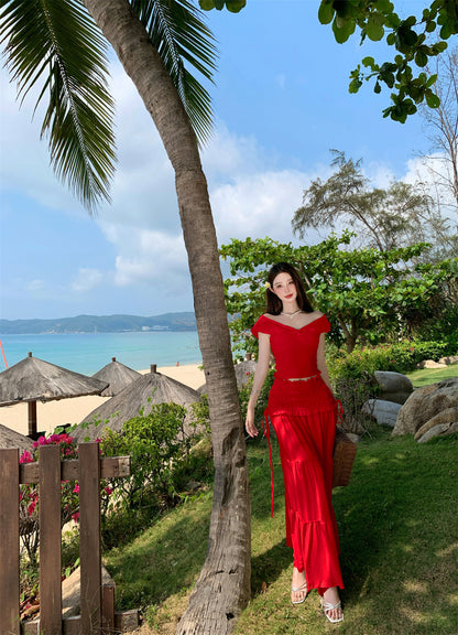 Fabulous 2-Piece Set A-Line Off-Shoulder Maxi Dress Hot Girls Seaside Shoots Red Flowy Long Dress AP3330