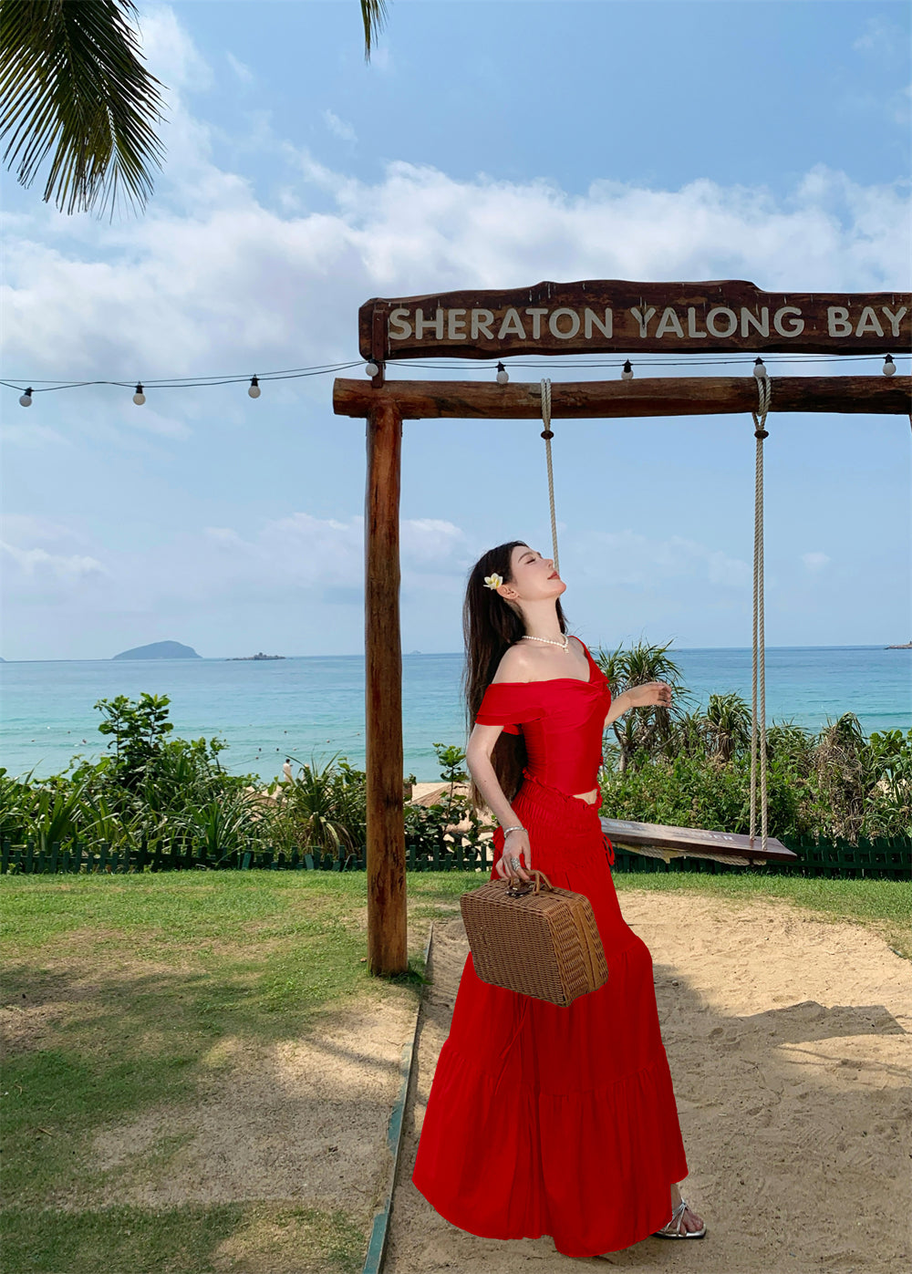 Fabulous 2-Piece Set A-Line Off-Shoulder Maxi Dress Hot Girls Seaside Shoots Red Flowy Long Dress AP3330